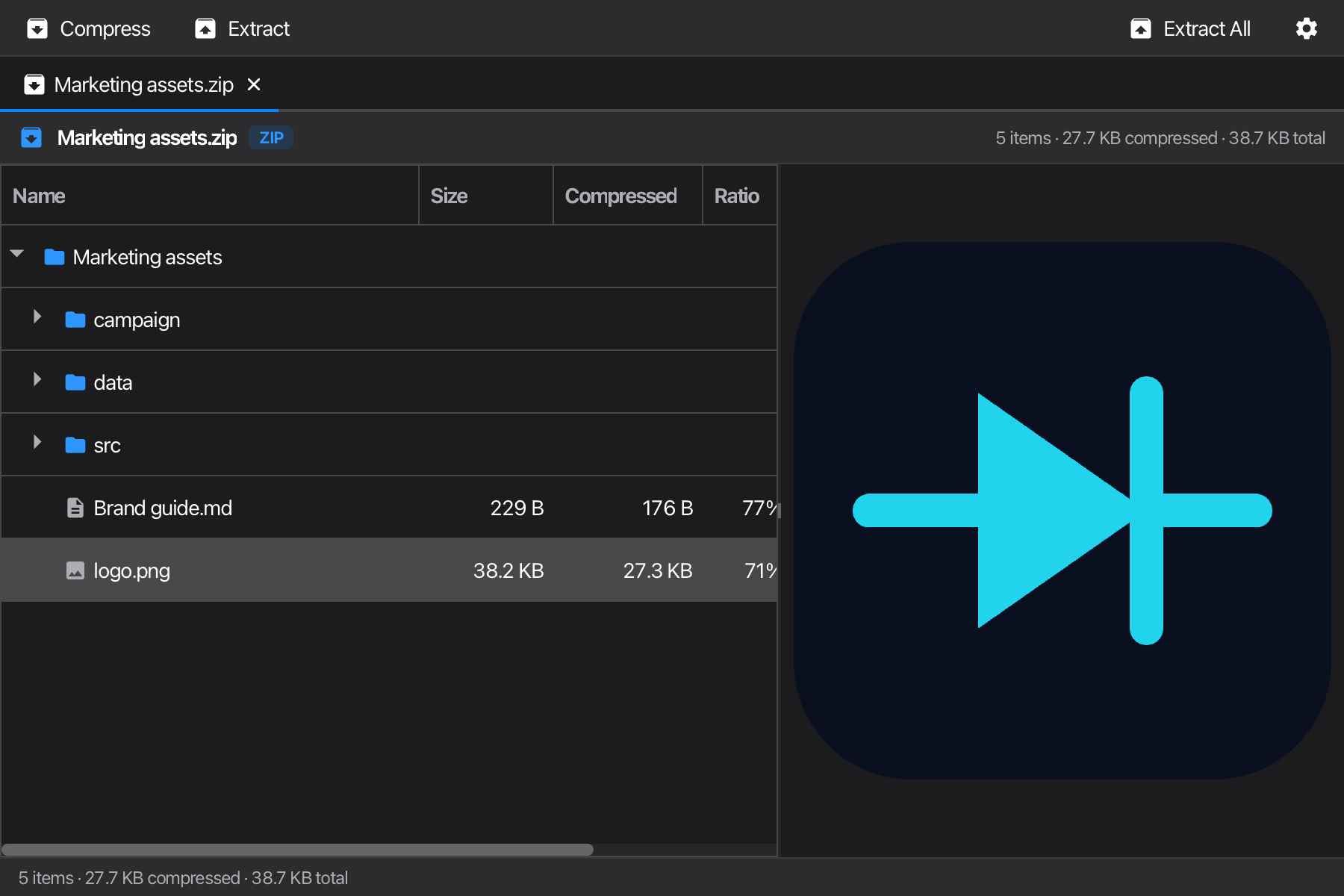 Densatum in dark mode: a ZIP's folder tree on the left and a live image preview on the right