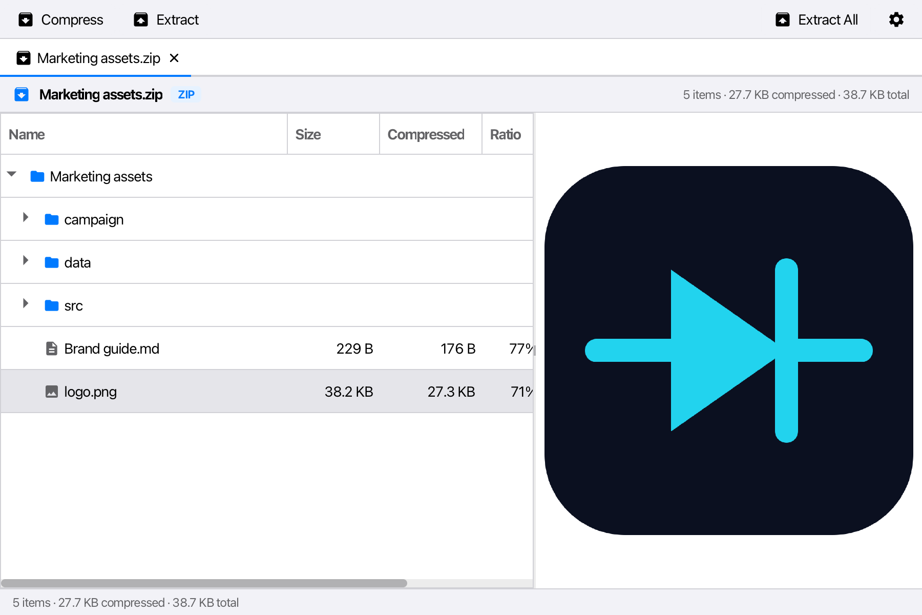 Densatum in light mode: a ZIP's folder tree on the left and a live image preview on the right