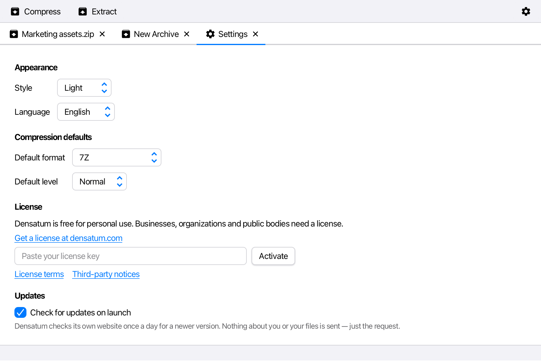 Settings with appearance, defaults and license