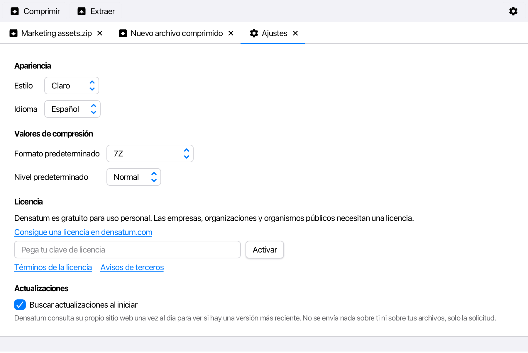 Ajustes con apariencia, valores por defecto y licencia